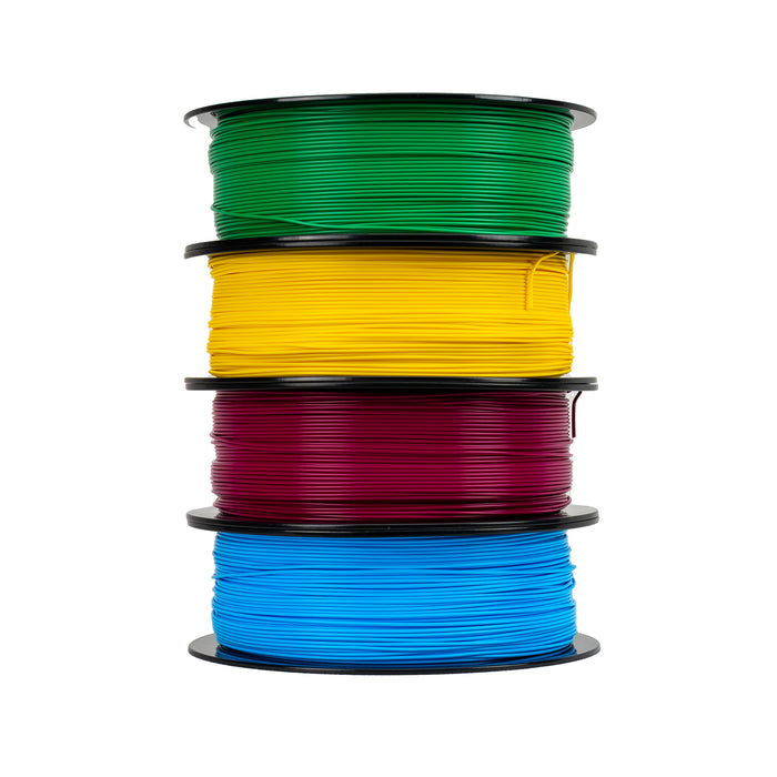 Bulk CMYK 3D printer filament spools by Matter3D in cyan, magenta, yellow, and Green